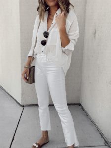 white top and white jeans summer outfit for women