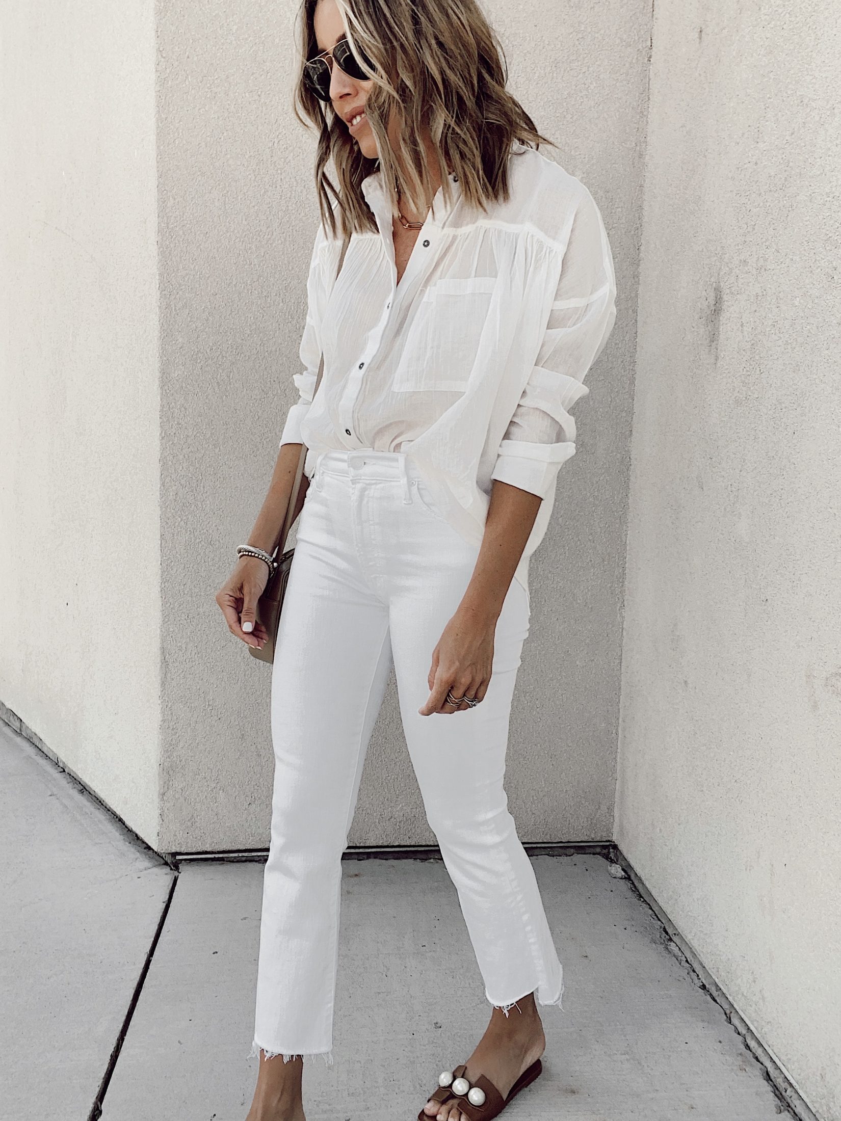 white button up with levi's 724 ripped high waist raw edge crop jeans