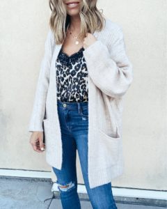 jaime shrayber wearing bp leopard lace satin cami with topshop long cardigan and frame high waist skinny jeans