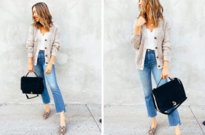 dallas fashion blogger wearing bp cardigan and mother high waist jeans with rebecca minkoff black suede satchel