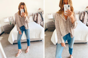dallas blogger jaime shrayber wearing leopard long sleeve sleeve blouse with mother high waist jeans and eileen fisher blush sandals