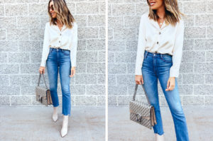 dallas fashion blogger wearing topshop satin button up shirt with mother high waist jeans and marc fisher white booties