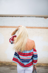 Red White and Blue off the shoulder top / brown suede Loeffler Randal sneakers