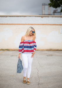 off the shoulder striped top / white paige cropped jeans / brown suede espadrille