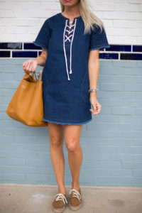 dark wash denim dress, lace-up dress, classic watch for fall, laced up trends for fall