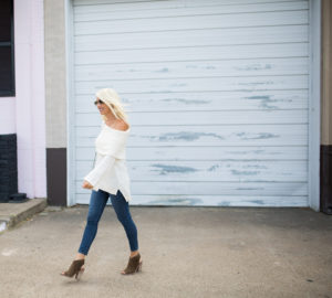 off the shoulder ivory sweater, denim stiletto highrise jeans, open toe suede booties