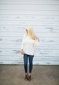 off the shoulder tunic sweater, ray ban aviator sunglasses, suede booties for fall