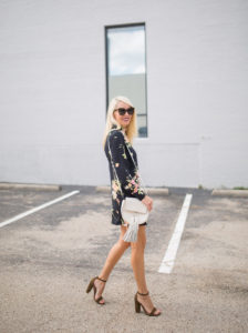 fall florals / wearing fall florals / ankle strap suede heels / blonde hair and florals
