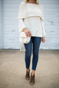 cozy cream sweater for fall, medium brown suede booties, ivory crossbody bag