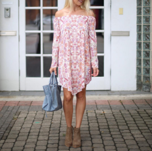 Off the Shoulder floral dress, floral dress for fall, taupe suede booties, brown suede booties, light blue suede satchel, floral dresses for fall