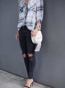 Button down black and white plaid top, distressed black jeans, ivory tassel crossbody bag, plaid tops for fall, jaime shrayber