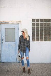 navy and blue plaid top, ripped denim, high waisted denim, suede open toe booties, grey phillip lim handbag