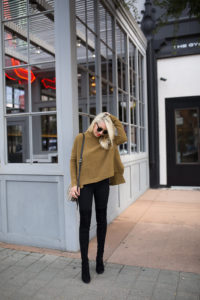 sweaters that zip, zipped up sweater, black distressed skinny jeans, black suede over the knee boots, suede over the knee boots, jaime shrayber, swing sweater with back zip