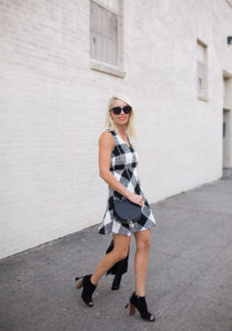 black and white plaid dress, black suede open toe booties with tassels on the back, jaime shrayber