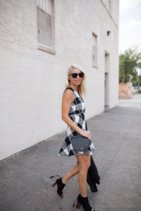 fit and flare dress with buffalo check, leather moto jacket fall, jaime