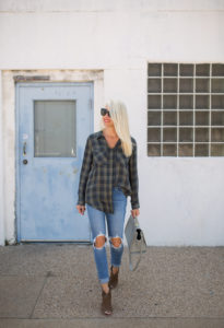 plaid for fall, plaid tops for winter, fall colored plaid button down, ripped girlfriend jeans