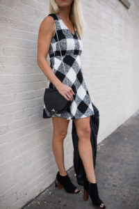 fit and flare dress for fall, black bag for fall, wool dress for fall, black booties with open toe