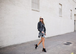 Black and white wool dress, fit and flare dress, black suede booties, black crossbody bag, jaime shrayber
