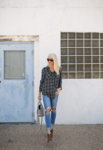 plaid shirts for fall, ripped denim for fall, booties for fall, brown suede shoes, jaime shrayber