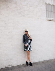 buffalo check will dress, black leather jacket, open toe black suede booties, jaime shrayber