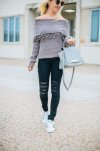 ots sweater with fringe detail, adidas sneakers for women, sneakers for fall, fringed sweaters, jaime shrayber