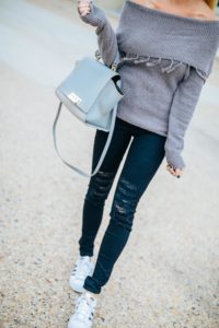 black high waisted distressed jeans, fringed OTS gray sweater, off the shoulder sweaters for fall,