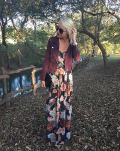 fall floral maxi dress, floral maxi dress, the perfect fall colored maxi dress, burgundy suede bomber jacket, wine colored bomber jacket , jaime shrayber