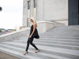 black leather pants, black flowy top, going out tops, open toe heels,