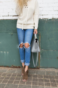 distressed girlfriend jeans, jeans under $100, girlfriend jeans under $100, suede open toe booties with wooden heel, grey studded handbag