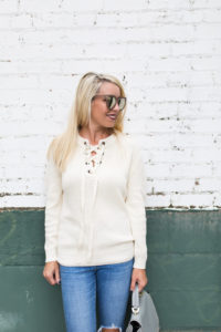 chunky ivory sweater with lace up front, brown mirrored sunglasses, cat eye mirrored sunglasses, chunky ivory sweater