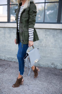 navy and white stripe long sleeve tee, olive green military jacket, hunter green cargo jacket, stripes and army green for fall