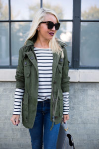 olive green field jacket, hunter green field jacket, striped tee worn with cargo green jacket, fall colored outfits, jaime shrayber