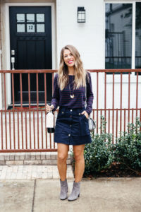 denim button up skirt for fall, striped tees for fall