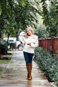 ivory off the shoulder sweater, over the knee boots