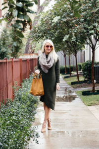olive green sweater dress, grey fringe scarf