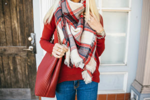 red tartan plaid blanket scarf, tartan plaid scarf, holiday plaid scarf, red holiday bag, jaime shrayber