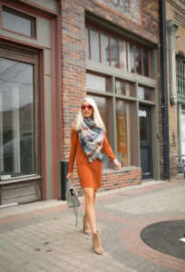 open toe booties with block heel, plaid scarf with oversized check print, jaime shrayber