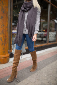 cognac over the knee boots, brown suede boots with wooden heel, long cozy fringed scarf, light grey handbag