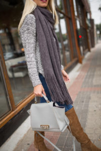 dark grey fringe scarf, whiskey colored over the knee boots, grey marled sweater, cozy grey sweater