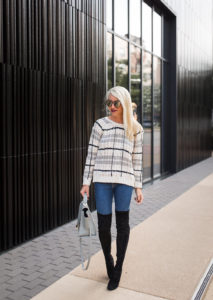 grid print sweater, grid print black and grey sweater, grey handbags for fall