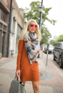 blanket scarf in check print, oversized plaid scarf, plaid scarves for fall, red tinted aviator sunglasses, jaime shrayber