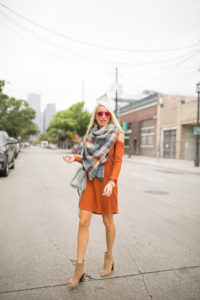 cold shoulder rib knit dress, dresses for under $50, brown suede open toe booties, oversized check scarf