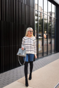 neutral sweater with detail back, black and grey plaid sweater with detail back, how to wear over the knee boots with sweaters, jaime shrayber, check print black and grey swewater