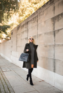 grey jersey dress for winter, long sleeve grey jersey dress, hunter green wool tie waste coat, heeled over the knee suede boots, jaime shrayber
