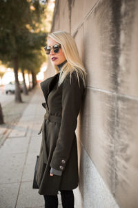 fit and flare trench coat, olive green fit and flare trench coat, sunglasses under $100, cinch waste fit and flare coat, over the knee black suede boots