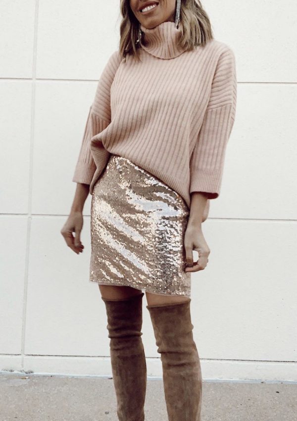 blush pink sweater with sequin mini skirt over the knee boots for dressy holiday party outfit