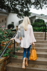 oversized pastel plaid blanket scarf, silk blush top with bell sleeves, jaime shrayber