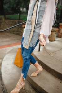 tan lace up pumps, frayed medium wash denim, cognac colored shopper, pink and grey scarf
