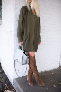 whiskey color suede over the knee boots, over the knee boots for under $200, hunter green oversized sweater, cardigans for fall