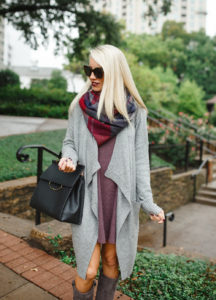 plaid infinity scarves for fall, slouchy grey cardigan, grey cardigan, oversized grey cardigan, burgundy cowl neck shift dress